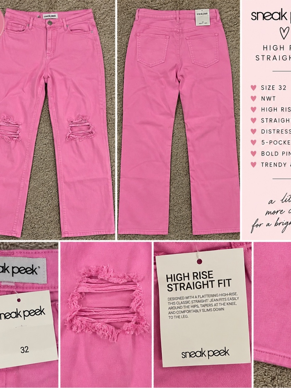 Sneak Peek High-Rise Straight Jeans in Bright Pink with Distressed Knees